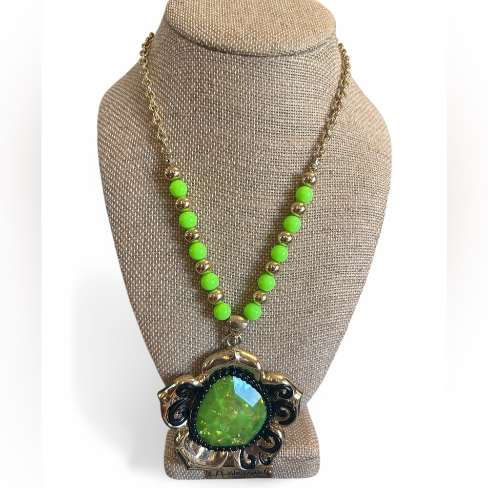 Gold-Tone Necklace with Neon Green Beads and Green Opalescent Pendant